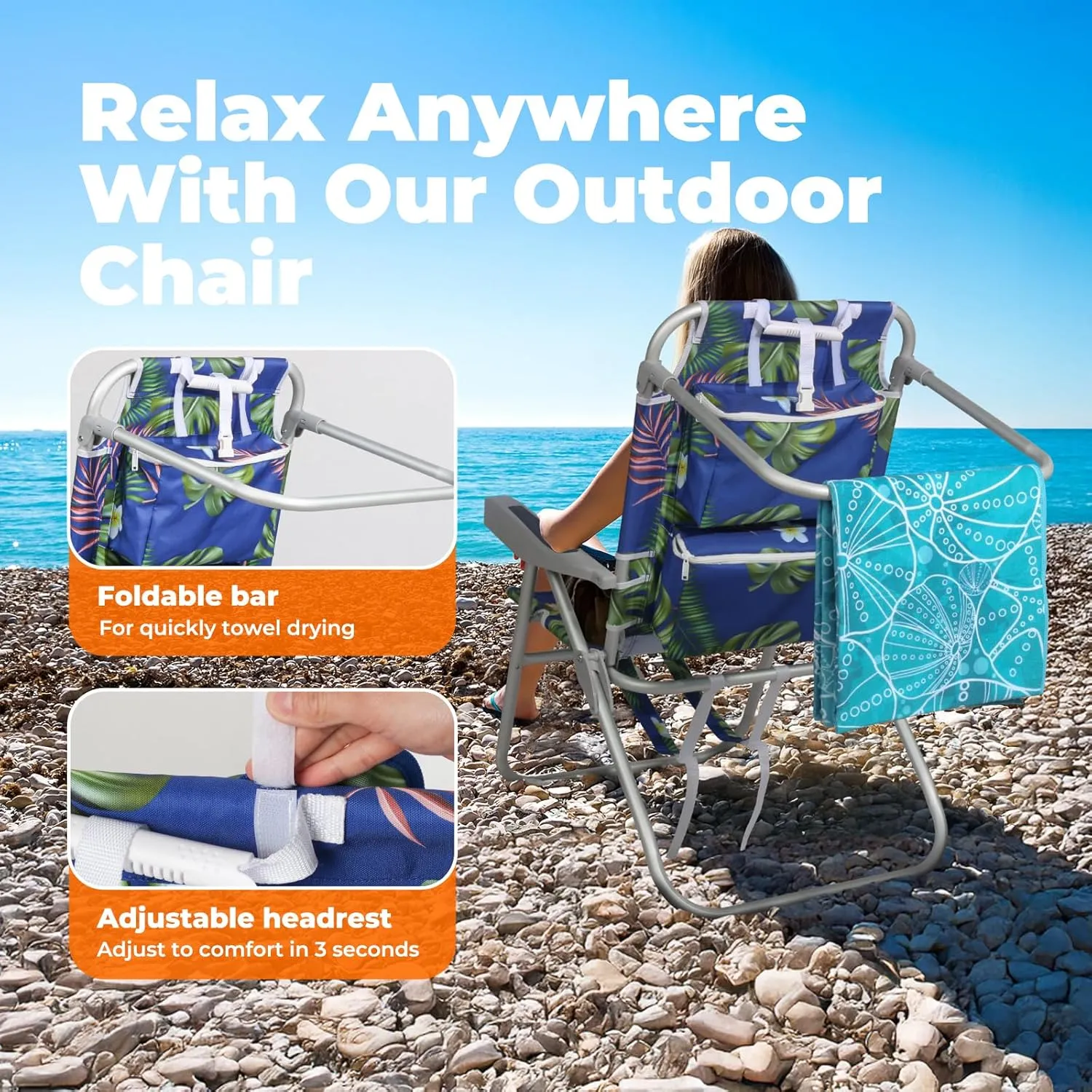 Tall Beach Chairs for Adults – 5-Position Reclining Backpack Chair with Large Insulated Cooler & Storage Pocket, Aluminum Frame, Portable for Travel & Outdoor, Supports 300lbs, Tropical Palm