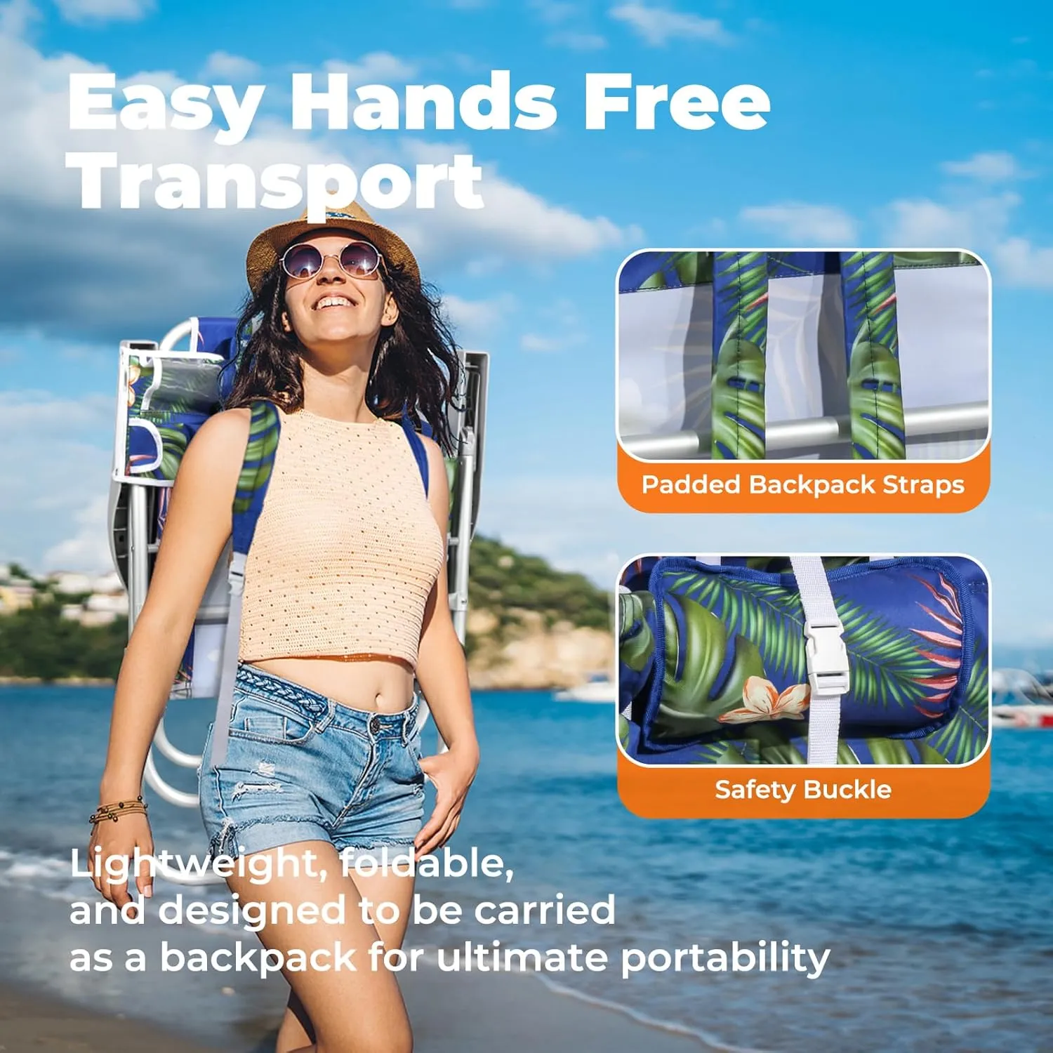 Tall Beach Chairs for Adults – 5-Position Reclining Backpack Chair with Large Insulated Cooler & Storage Pocket, Aluminum Frame, Portable for Travel & Outdoor, Supports 300lbs, Tropical Palm