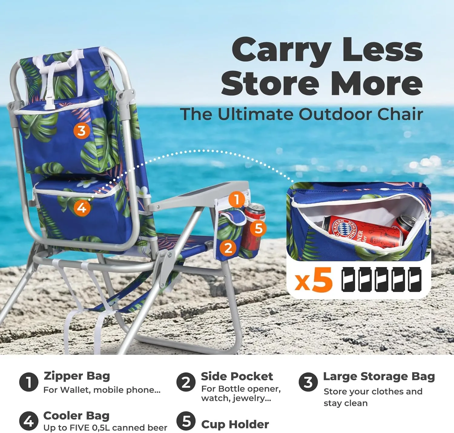 Tall Beach Chairs for Adults – 5-Position Reclining Backpack Chair with Large Insulated Cooler & Storage Pocket, Aluminum Frame, Portable for Travel & Outdoor, Supports 300lbs, Tropical Palm