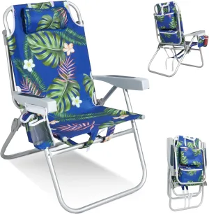 Tall Beach Chairs for Adults – 5-Position Reclining Backpack Chair with Large Insulated Cooler & Storage Pocket, Aluminum Frame, Portable for Travel & Outdoor, Supports 300lbs, Tropical Palm