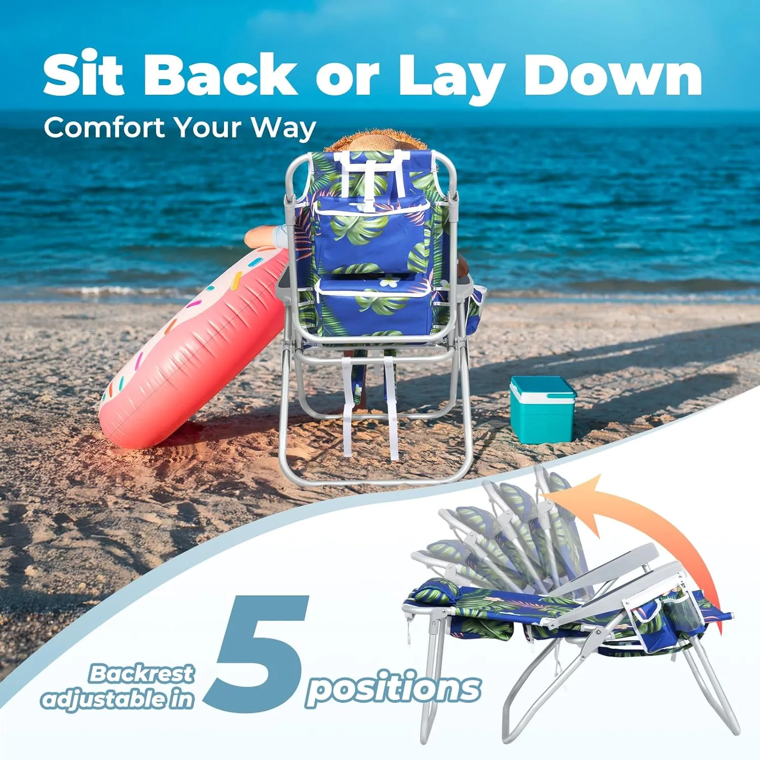 Tall Beach Chairs for Adults – 5-Position Reclining Backpack Chair with Large Insulated Cooler & Storage Pocket, Aluminum Frame, Portable for Travel & Outdoor, Supports 300lbs, Tropical Palm