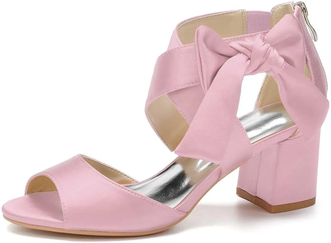 TarfiC Women's Low Block Heel Sandals Satin Bridal Chunky Ankle Strap Zipper Wedding Dress Shoes Low Heel Pump