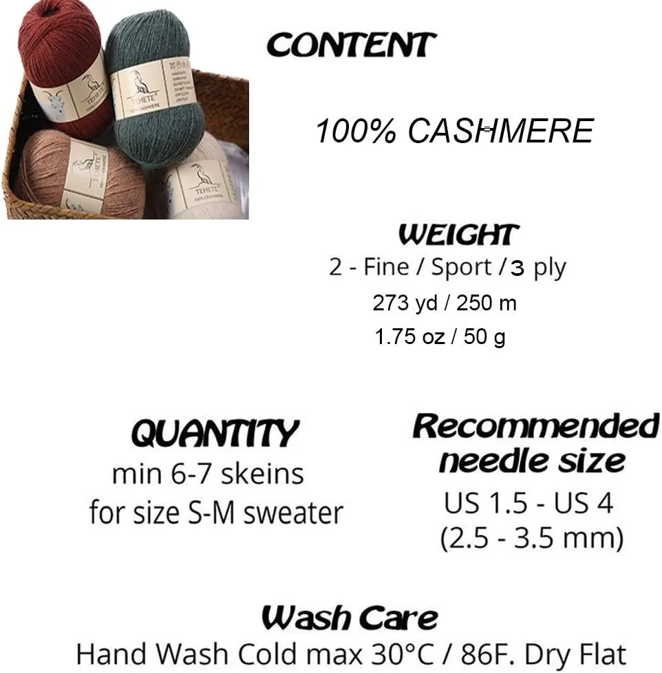 TEHETE 100% Cashmere Yarn for Crocheting 3-Ply Warm Soft Luxurious Fuzzy Knitting Yarn (Caramel)