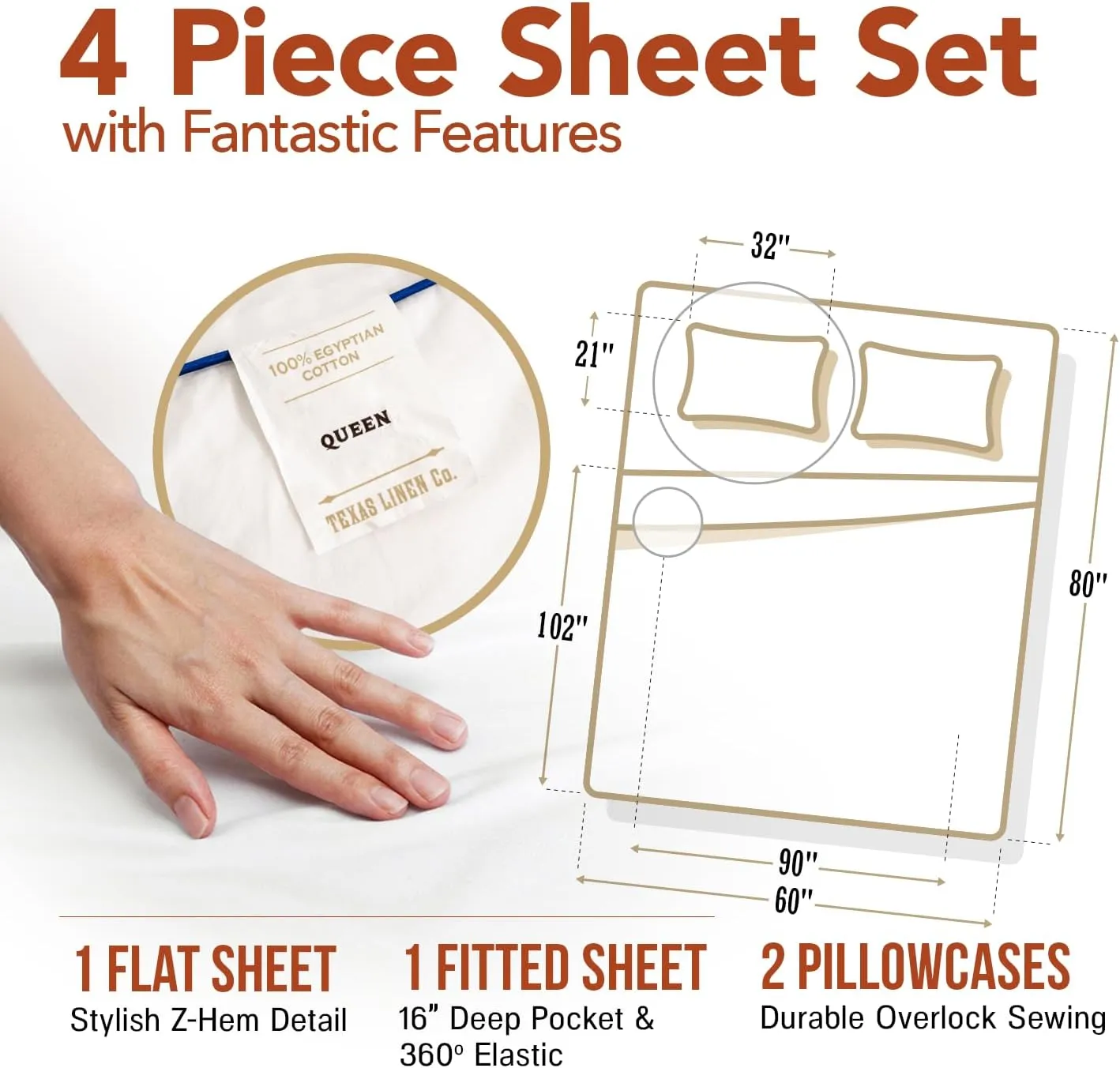 TEXAS LINEN CO. Luxury Egyptian Cotton Queen Size Sheet Set - 600 Thread Count 4 PC Deep Pocket Fitted and Flat Sheets, Soft, Cooling Extra Long Staple Hotel-Quality Bedding with Sateen Weave - White
