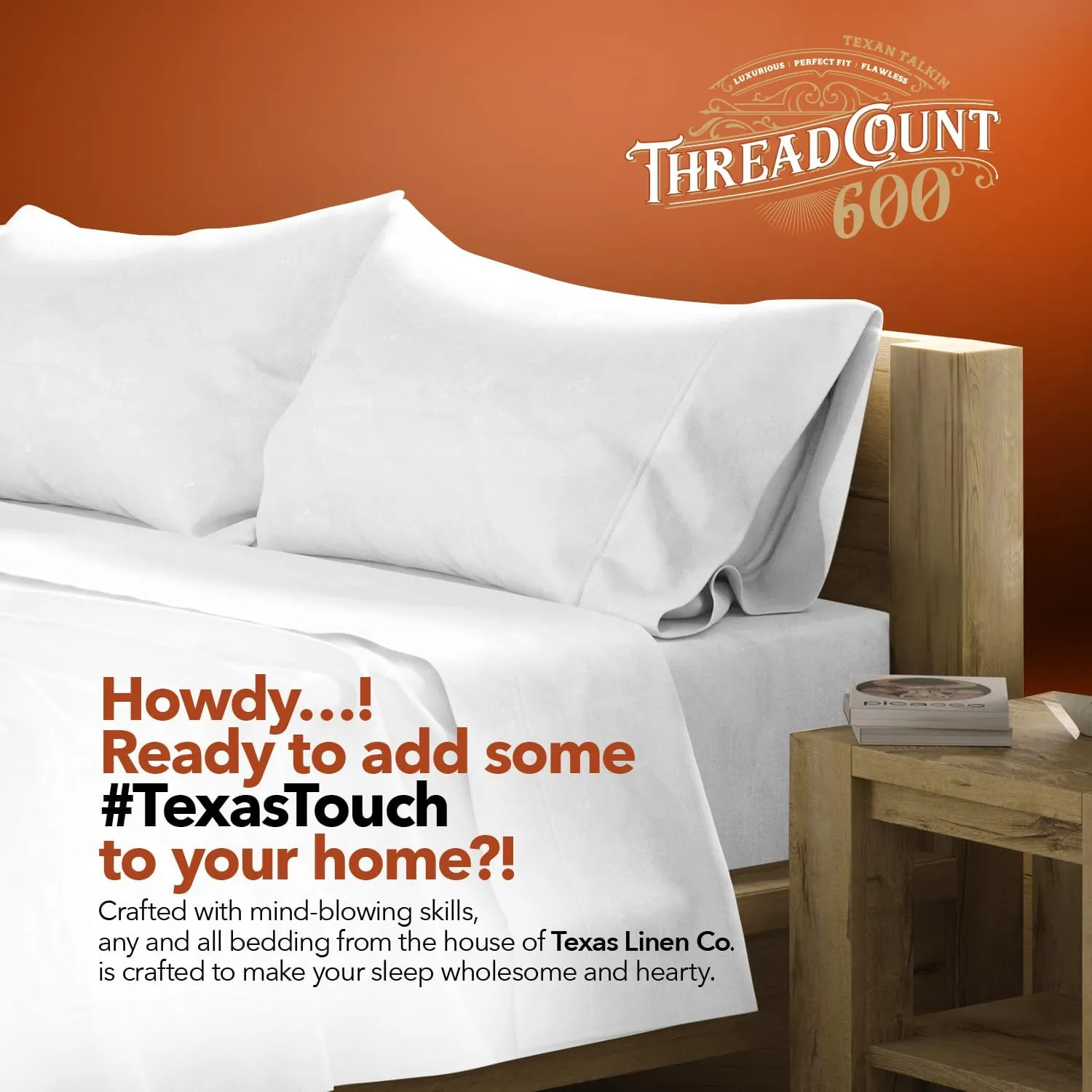 TEXAS LINEN CO. Luxury Egyptian Cotton Queen Size Sheet Set - 600 Thread Count 4 PC Deep Pocket Fitted and Flat Sheets, Soft, Cooling Extra Long Staple Hotel-Quality Bedding with Sateen Weave - White
