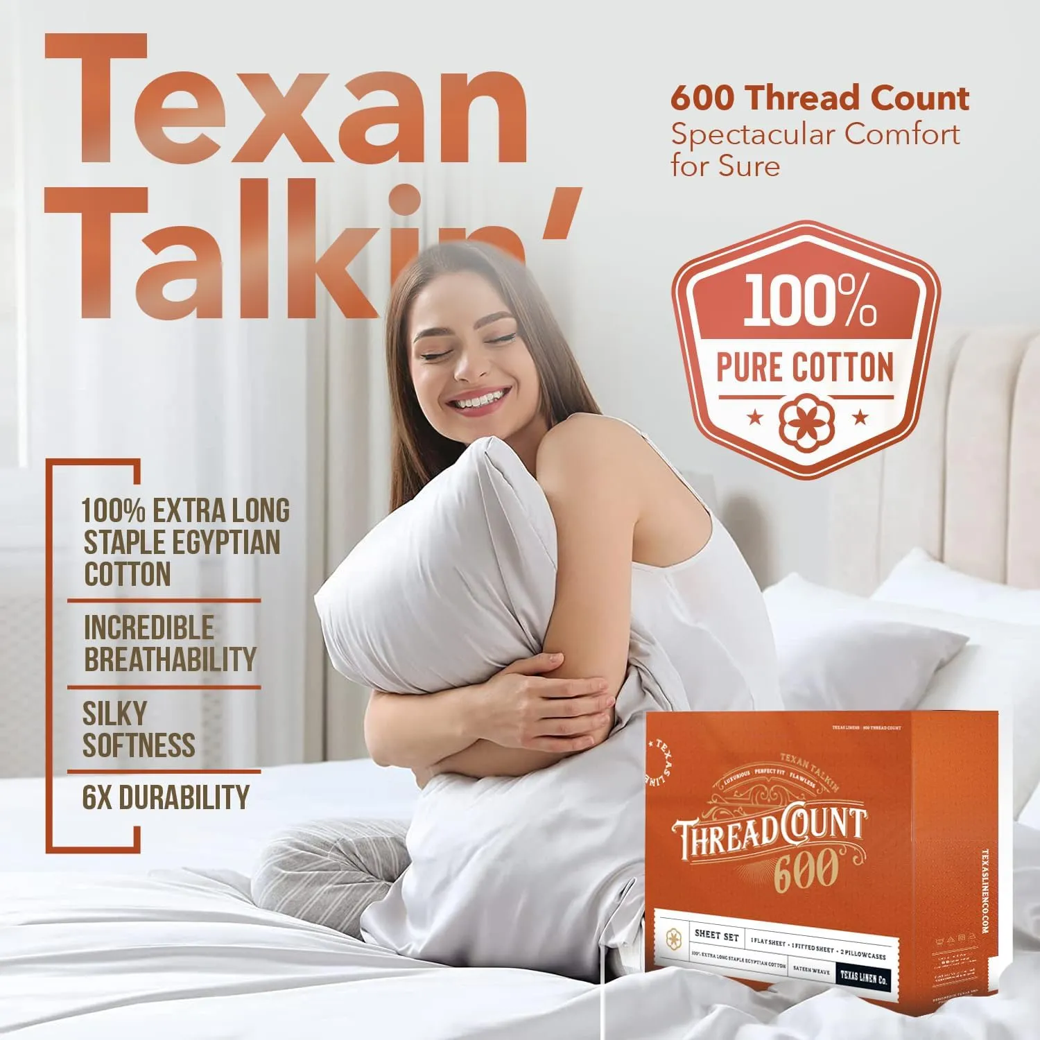 TEXAS LINEN CO. Luxury Egyptian Cotton Queen Size Sheet Set - 600 Thread Count 4 PC Deep Pocket Fitted and Flat Sheets, Soft, Cooling Extra Long Staple Hotel-Quality Bedding with Sateen Weave - White