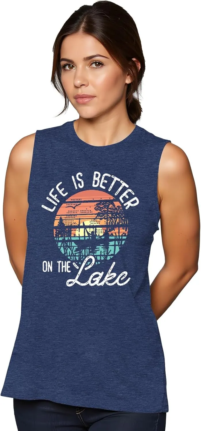 The Lake is My Happy Place T Shirt Women Lake Graphic Summer Sleeveless Shirts