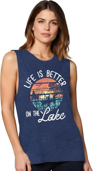 The Lake is My Happy Place T Shirt Women Lake Graphic Summer Sleeveless Shirts