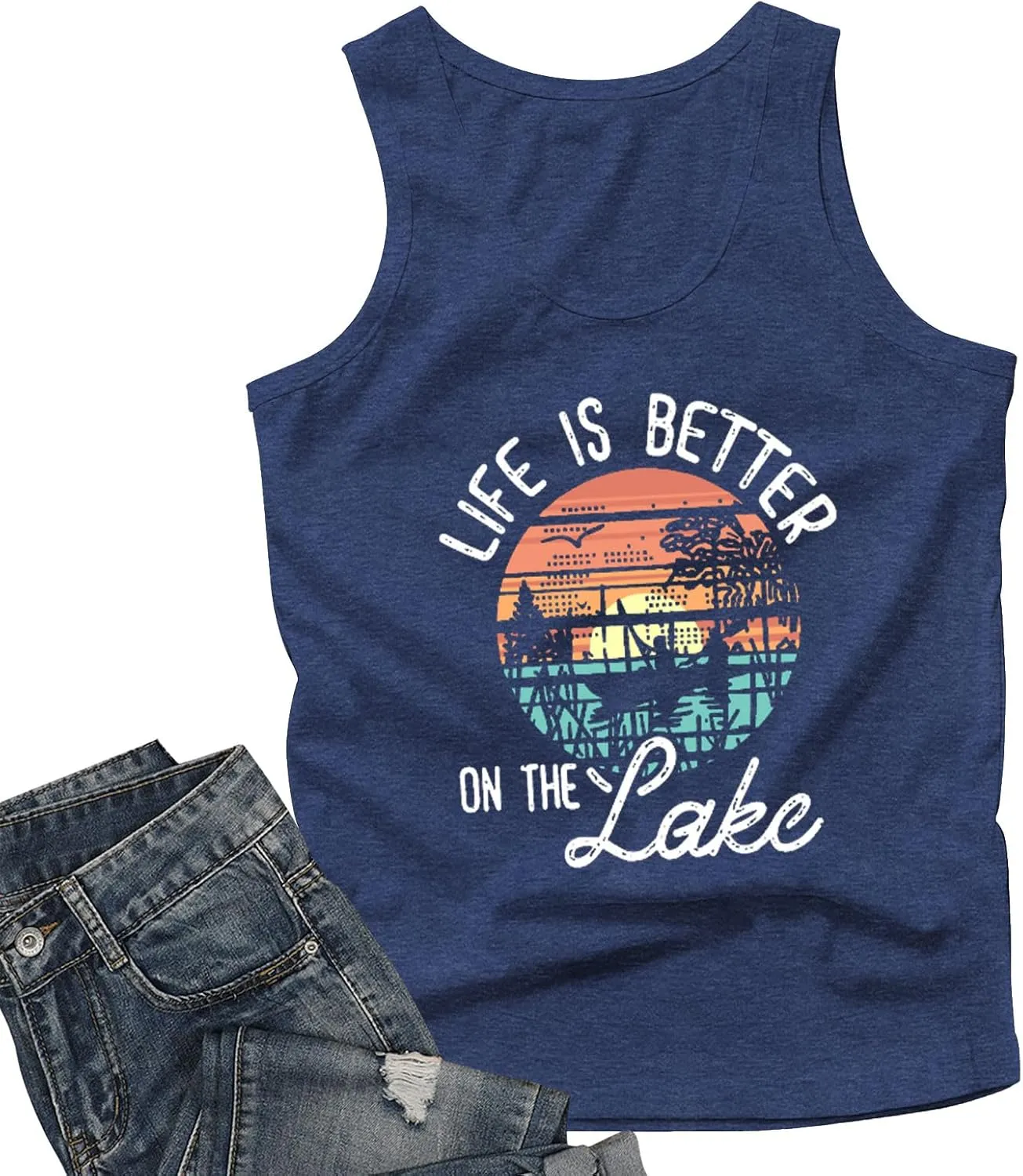 The Lake is My Happy Place T Shirt Women Lake Graphic Summer Sleeveless Shirts