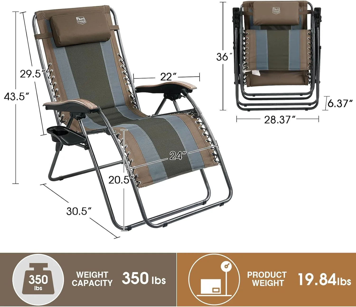 TIMBER RIDGE Oversized Zero Gravity Chair, Padded Reclining Lounge Chair with Adjustable Headrest & Cup Holder, Heavy Duty Support 350 lbs, Foldable for Camping, Lawn, Outdoor & Indoor