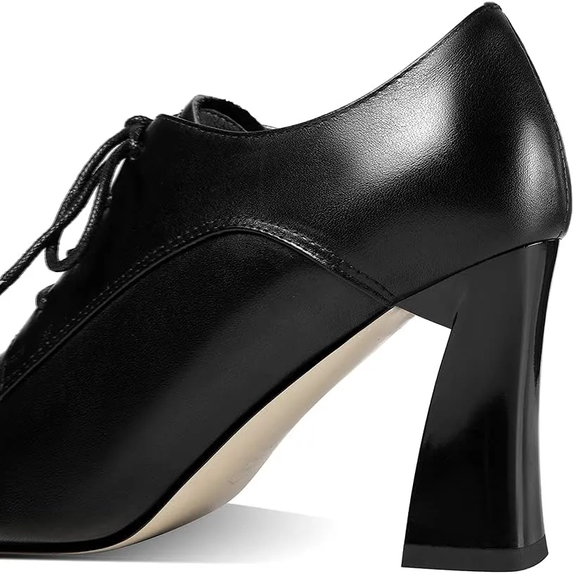 TinaCus Women's Genuine Leather Handmade Pointed Toe Spool Heel Lace Up Modern Oxford Pumps