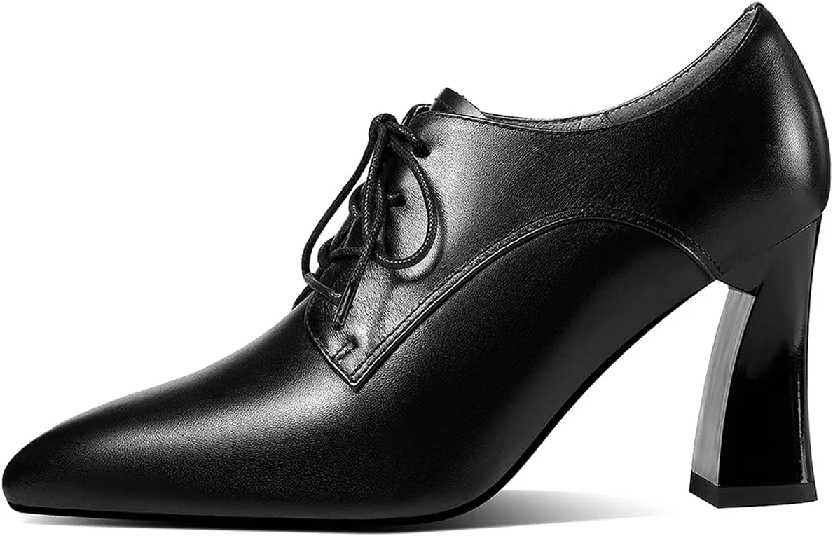 TinaCus Women's Genuine Leather Handmade Pointed Toe Spool Heel Lace Up Modern Oxford Pumps