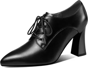TinaCus Women's Genuine Leather Handmade Pointed Toe Spool Heel Lace Up Modern Oxford Pumps
