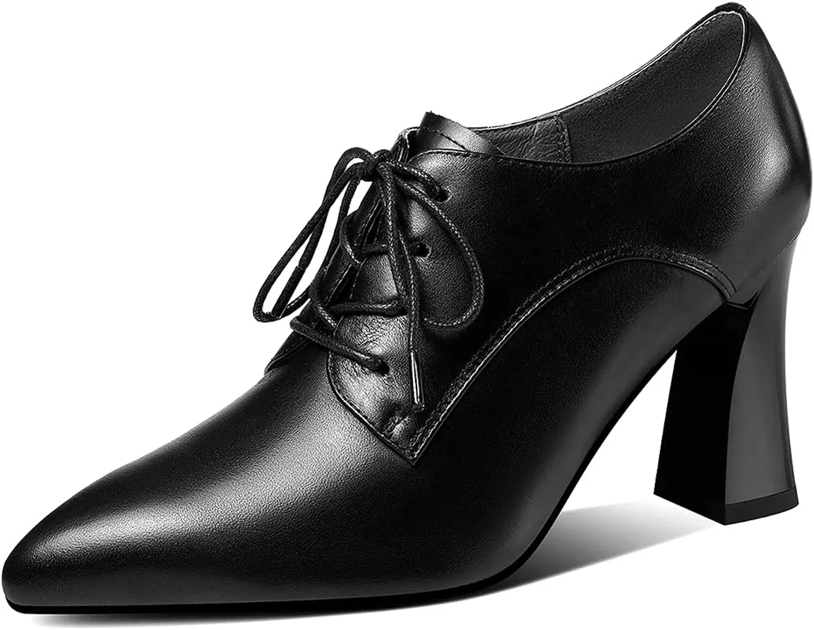 TinaCus Women's Genuine Leather Handmade Pointed Toe Spool Heel Lace Up Modern Oxford Pumps