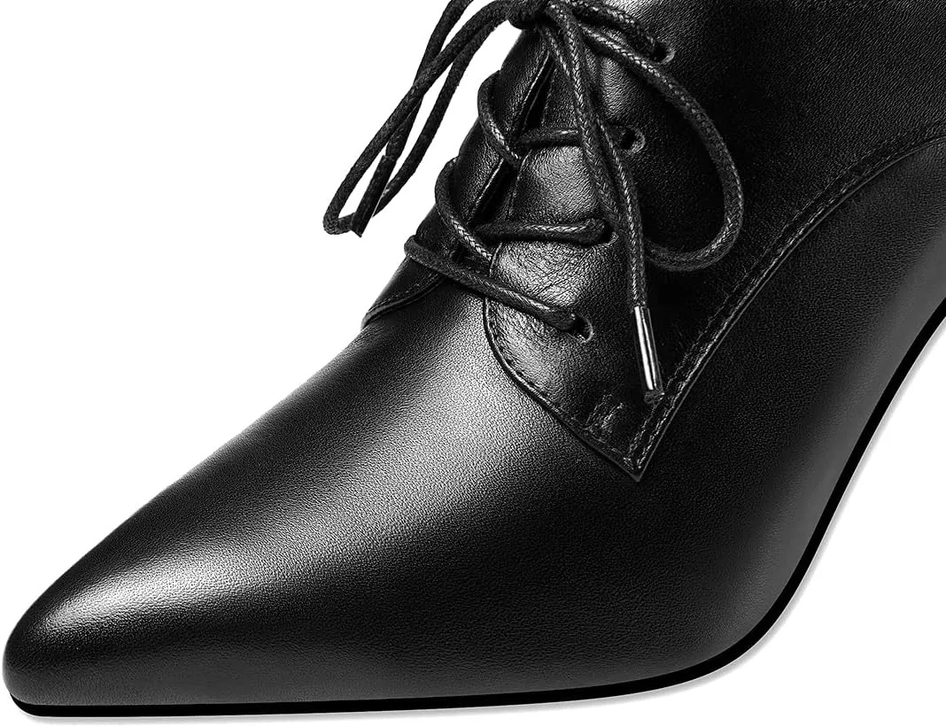 TinaCus Women's Genuine Leather Handmade Pointed Toe Spool Heel Lace Up Modern Oxford Pumps