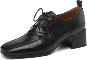 TinaCus Women's Square Toe Genuine Leather Handmade Selftie Low Chunky Heels Retro Oxford Shoes