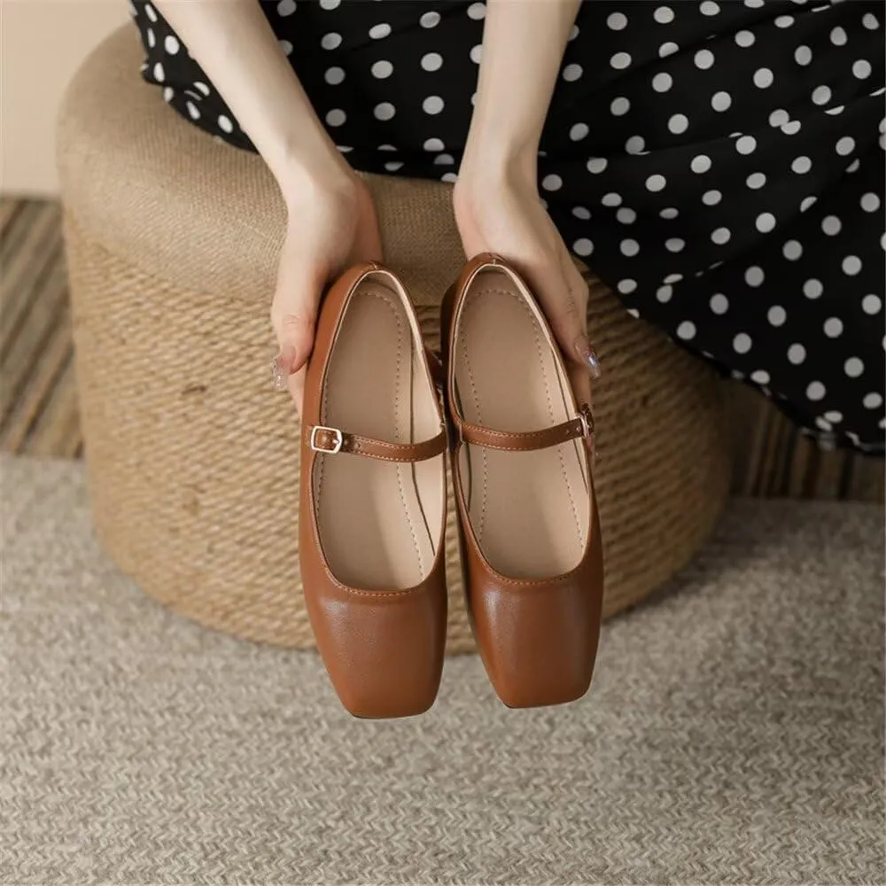 TN TANGNEST Women's Leather Flats Comfortable Square Toe Dress Flats Retro Soft Mary Jane Flats