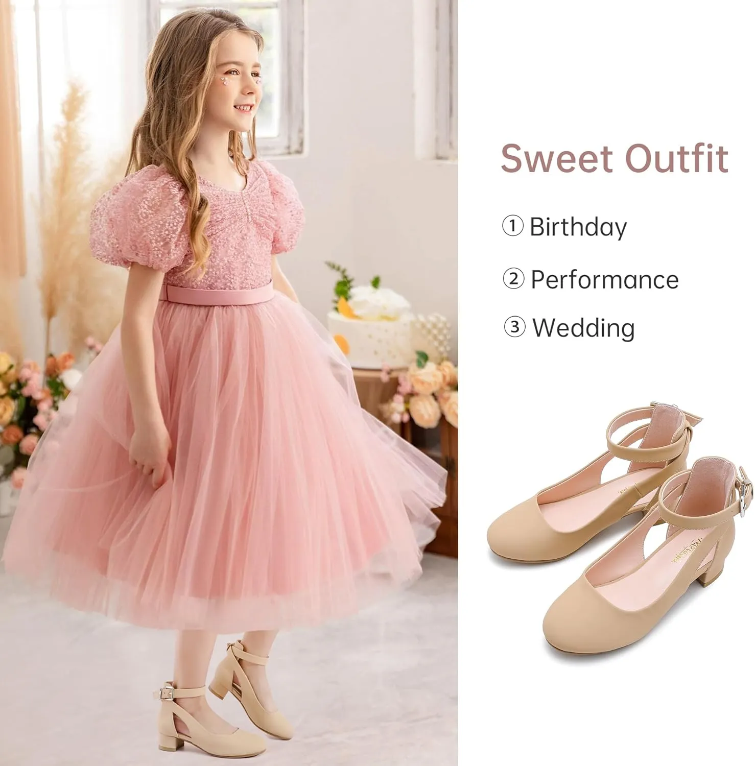 Toddler Girls Dress Shoes Flower Princess Shoes Girls Pump Low Heels Party Wedding for Little Big Kid