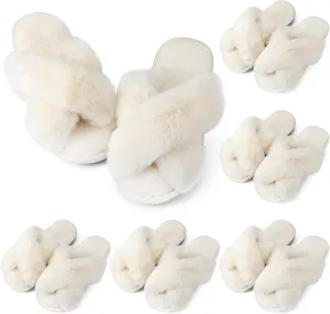 Toulite Bridesmaid Slippers Set of 6 White Fuzzy Slippers for Women Bulk Fluffy Furry Open Toe Soft House Shoes