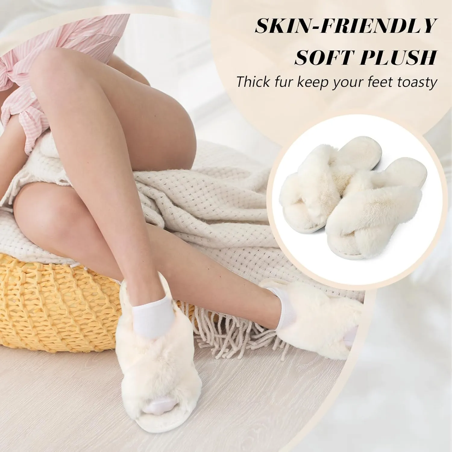 Toulite Bridesmaid Slippers Set of 6 White Fuzzy Slippers for Women Bulk Fluffy Furry Open Toe Soft House Shoes