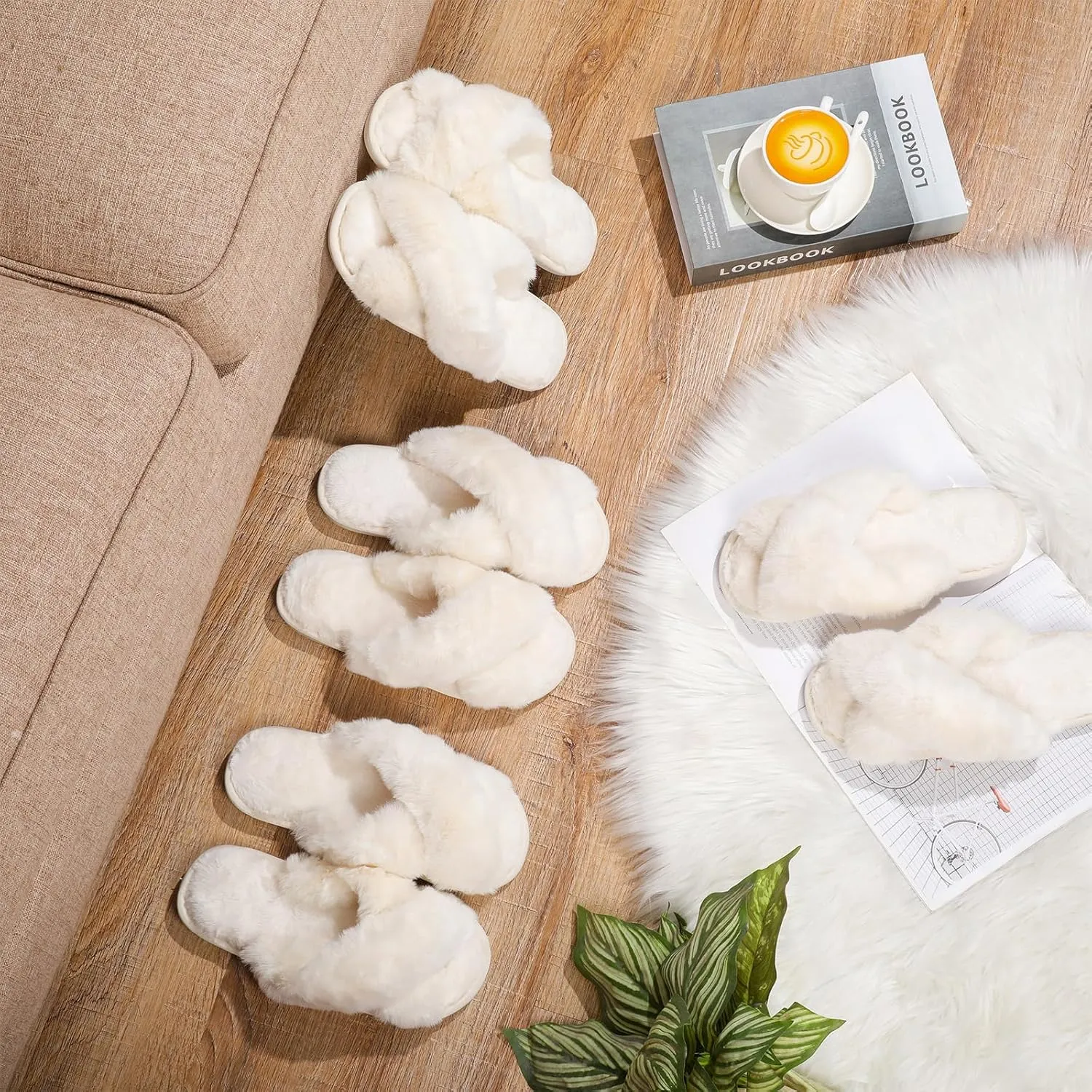 Toulite Bridesmaid Slippers Set of 6 White Fuzzy Slippers for Women Bulk Fluffy Furry Open Toe Soft House Shoes