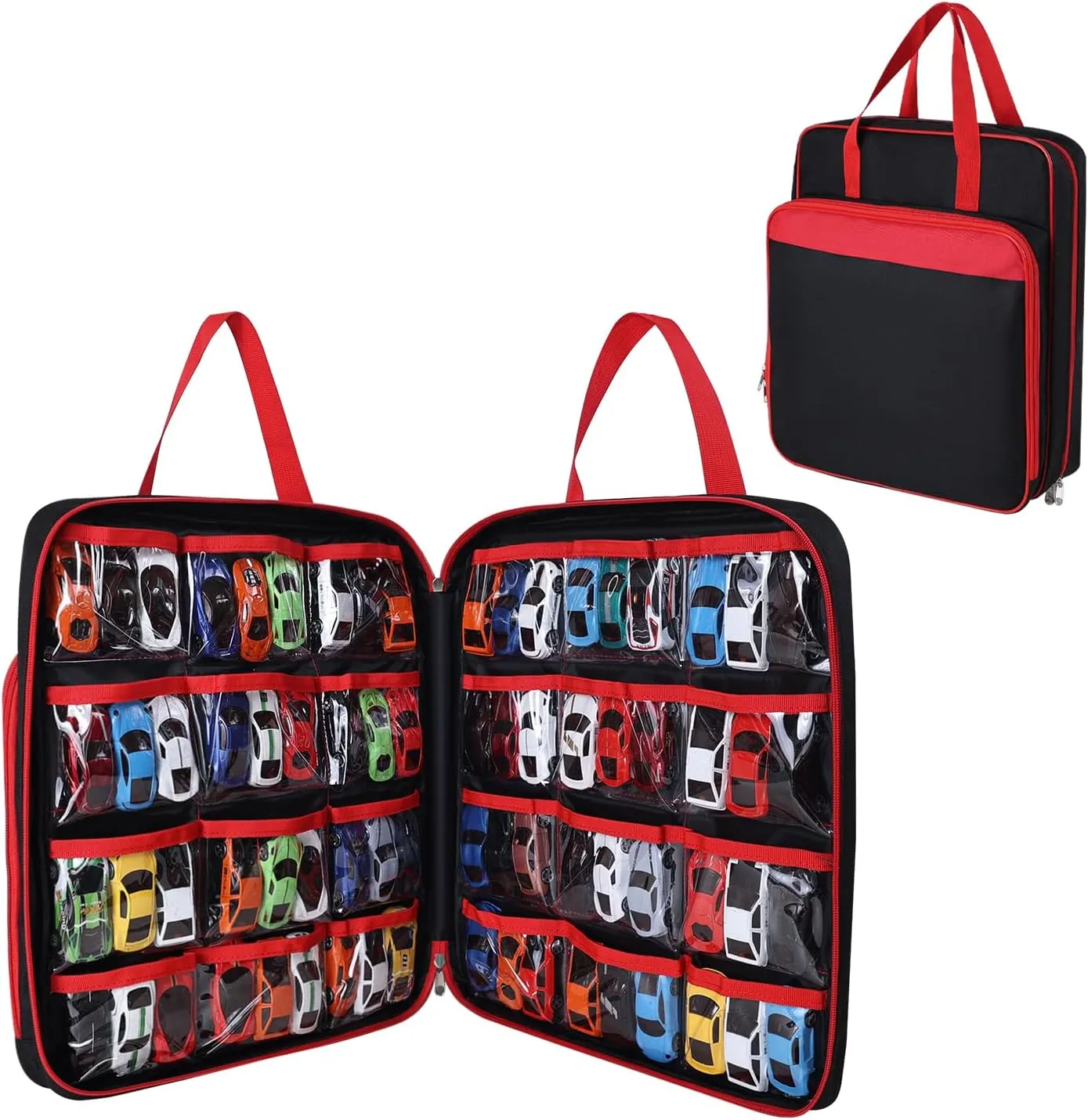 Toy Cars Carrying Case Compatible with Hot Wheels Up to 99pcs, Portable Car Toy Storage Organizer Bag for 1/64 Scale Toy Cars, Matchbox Cars, Dolls, Mini Toys, Bag Only (Red)