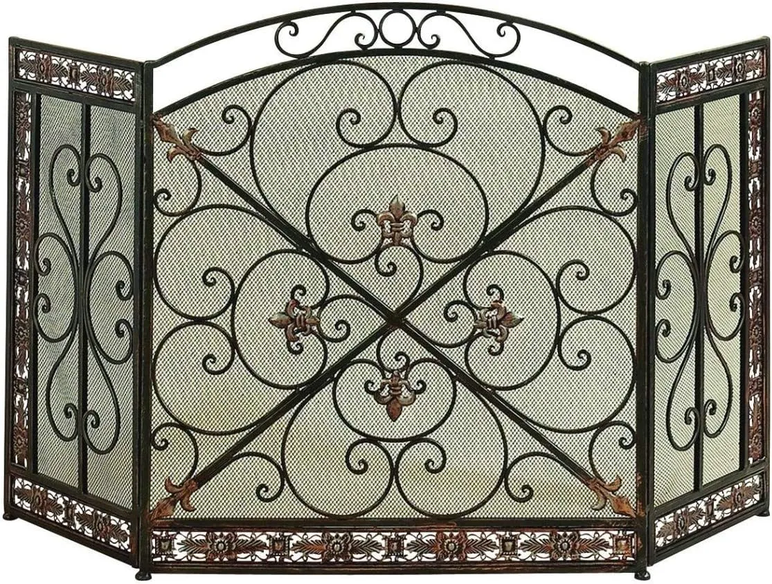 Traditional 3 Panel Metal Fire Screen with Filigree Design, Bronze, Black