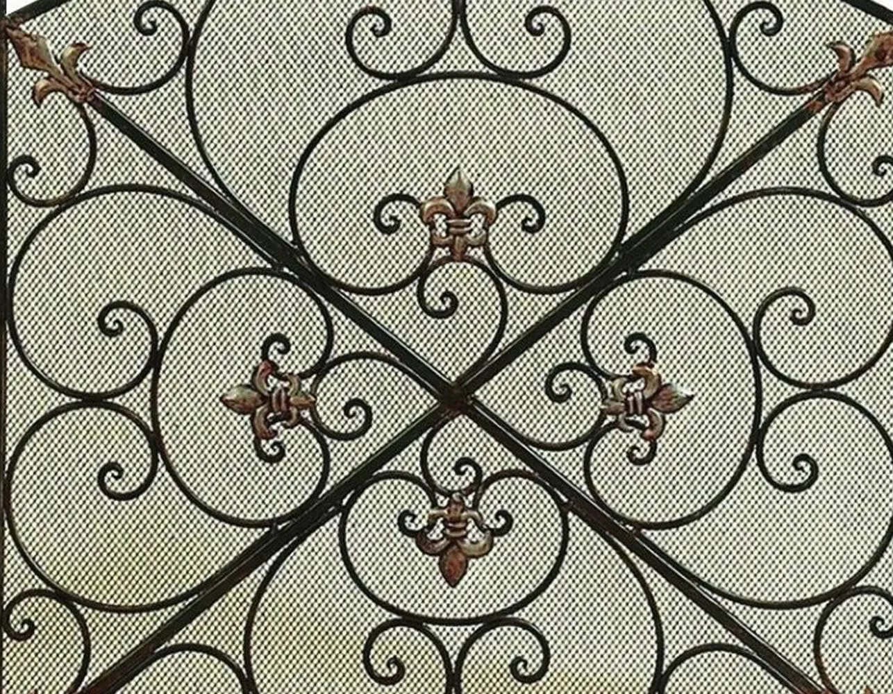 Traditional 3 Panel Metal Fire Screen with Filigree Design, Bronze, Black
