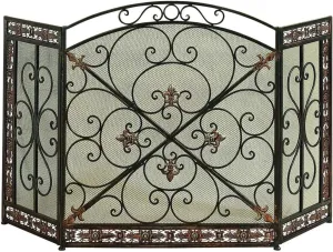 Traditional 3 Panel Metal Fire Screen with Filigree Design, Bronze, Black