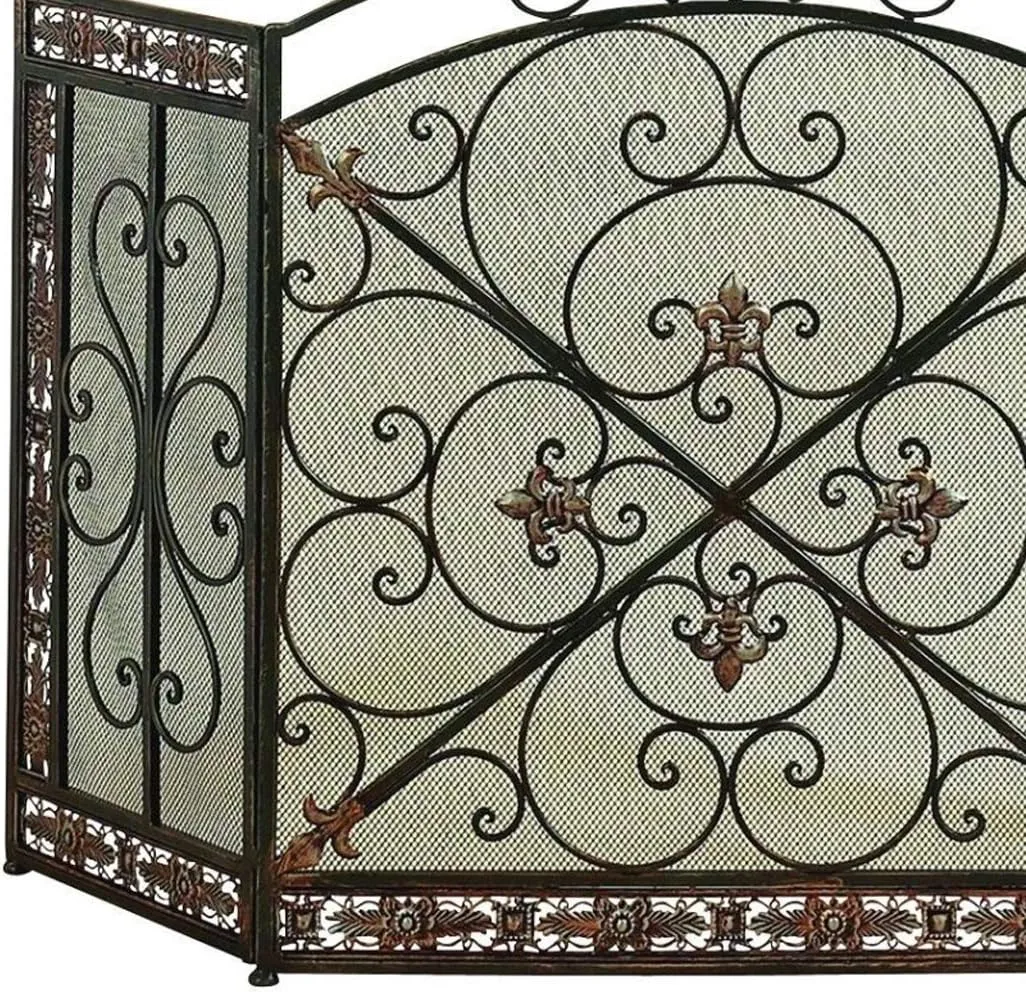 Traditional 3 Panel Metal Fire Screen with Filigree Design, Bronze, Black