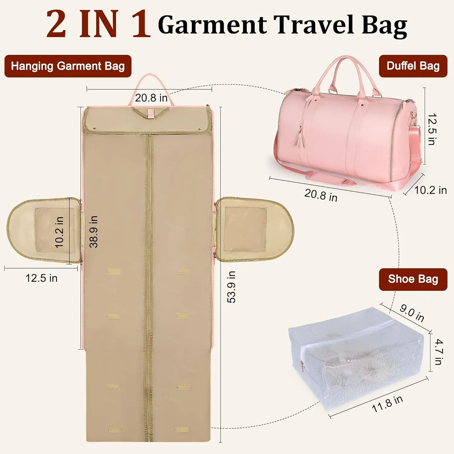 Travel Garment Bag Stylish Large PU Leather Suit Bag Convertible Garment Bags for Travel with Shoe Pouch 2 in 1 Foldable Duffle Bag