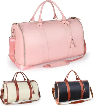 Travel Garment Bag Stylish Large PU Leather Suit Bag Convertible Garment Bags for Travel with Shoe Pouch 2 in 1 Foldable Duffle Bag