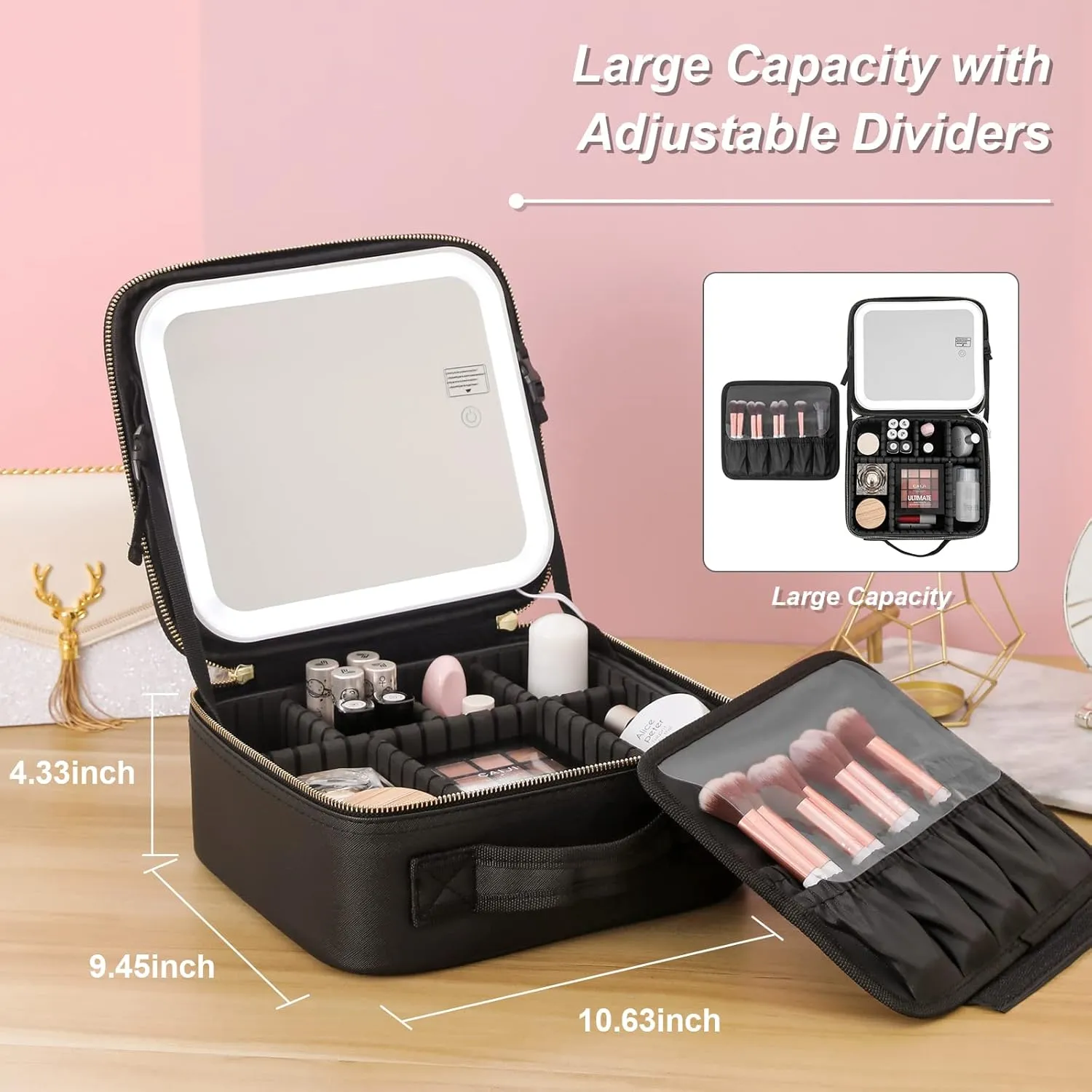 Travel Makeup Bag with Mirror of LED Lighted, with Adjustable Dividers, with Detachable 10x Magnifying Mirror (Pink)