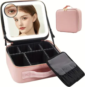Travel Makeup Bag with Mirror of LED Lighted, with Adjustable Dividers, with Detachable 10x Magnifying Mirror (Pink)