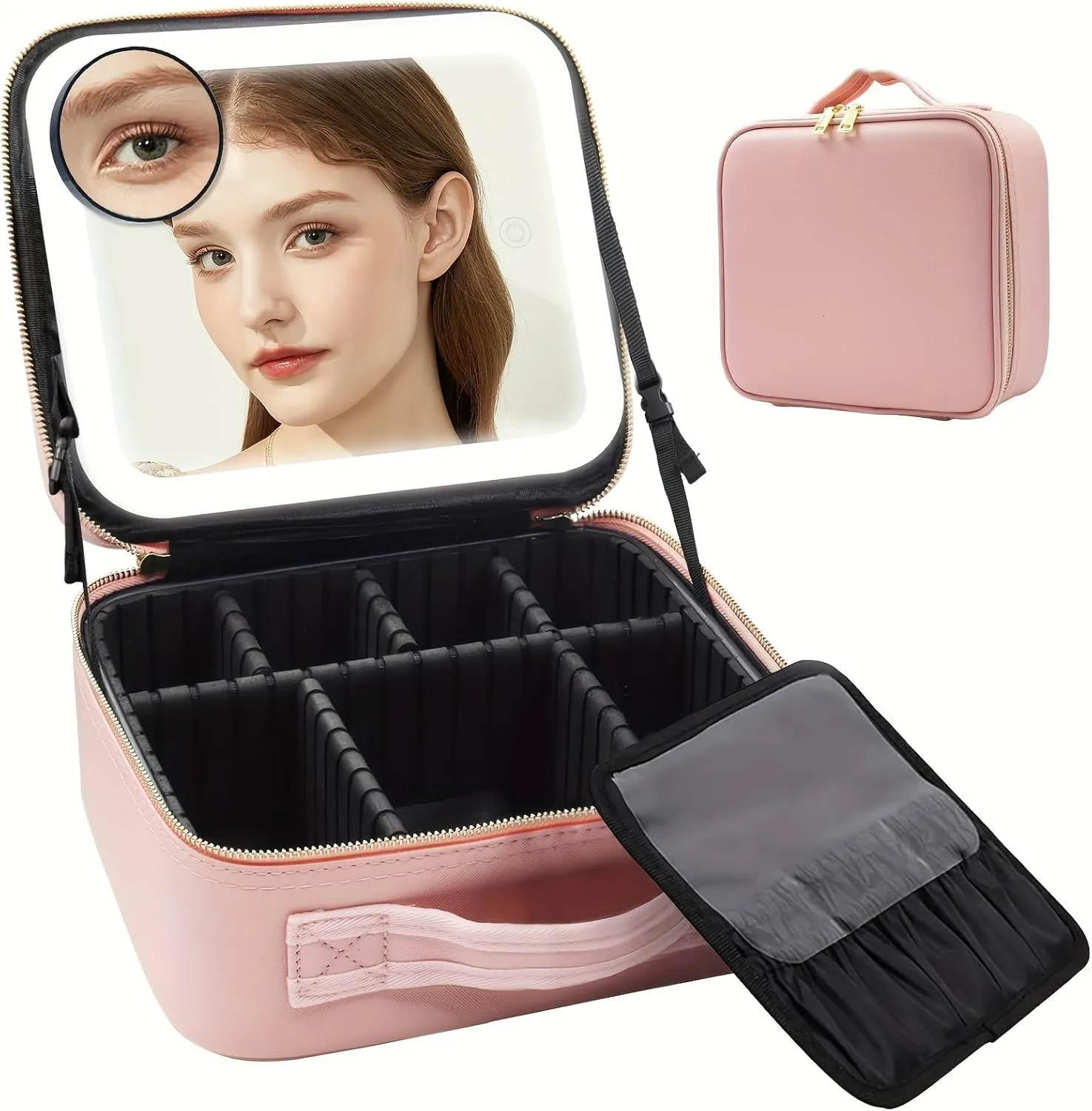 Travel Makeup Bag with Mirror of LED Lighted, with Adjustable Dividers, with Detachable 10x Magnifying Mirror (Pink)
