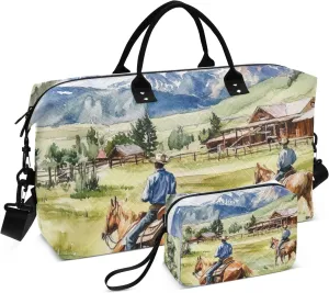 Travel Tote Bag Weekender/Overnight Duffel Travel Tote Gym Bag with Toiletry Bag for Hiking Foldable Cowboy Ranch in Montana