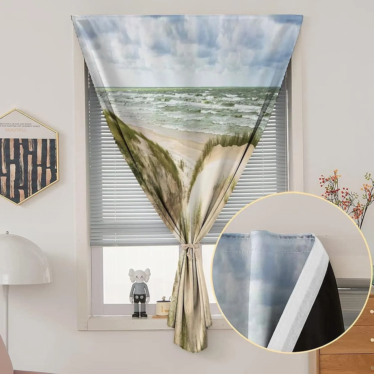 Travel Windows Blackout Curtain, Beach Curtain Shades, Windy Day in the Baltic Seaside Huge Grand Waves Surfing Spot Print Adjustable Temporary Blackout Shades,47W x54L Inches, for Bathroom Bedroom