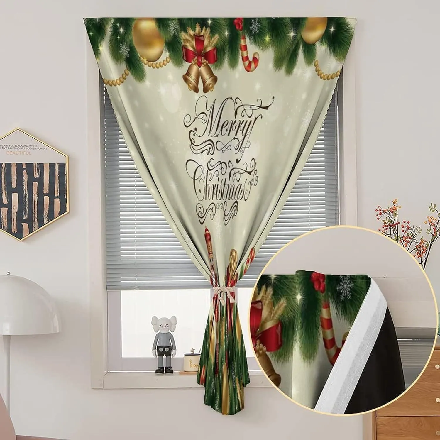 Travel Windows Blackout Curtain, Christmas Curtain Shades, Birch Branch Cute Ribbons Bells Candy Canes Print Adjustable Temporary Blackout Shades,35W x63L Inch, for Kitchen Bathroom Living Room