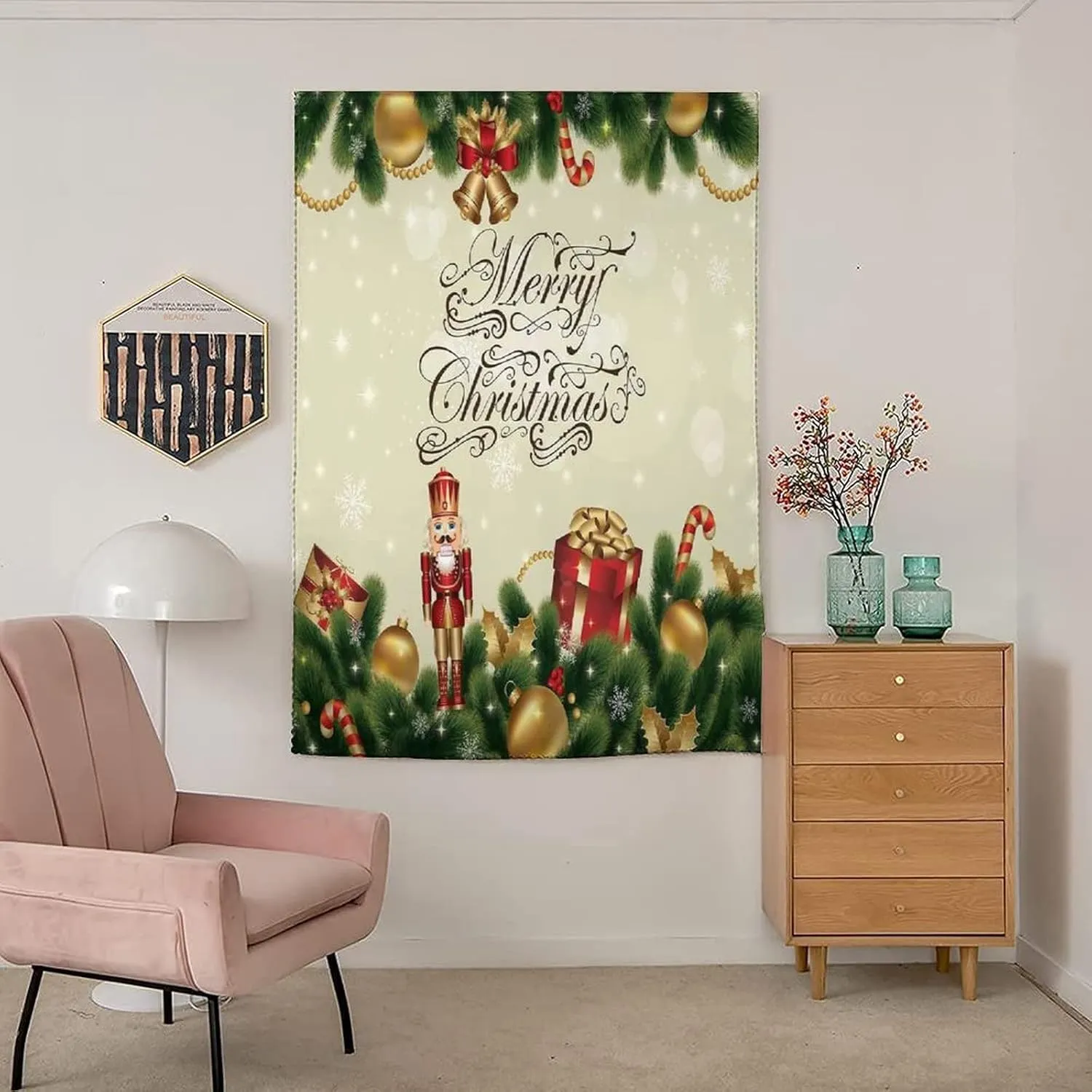 Travel Windows Blackout Curtain, Christmas Curtain Shades, Birch Branch Cute Ribbons Bells Candy Canes Print Adjustable Temporary Blackout Shades,35W x63L Inch, for Kitchen Bathroom Living Room