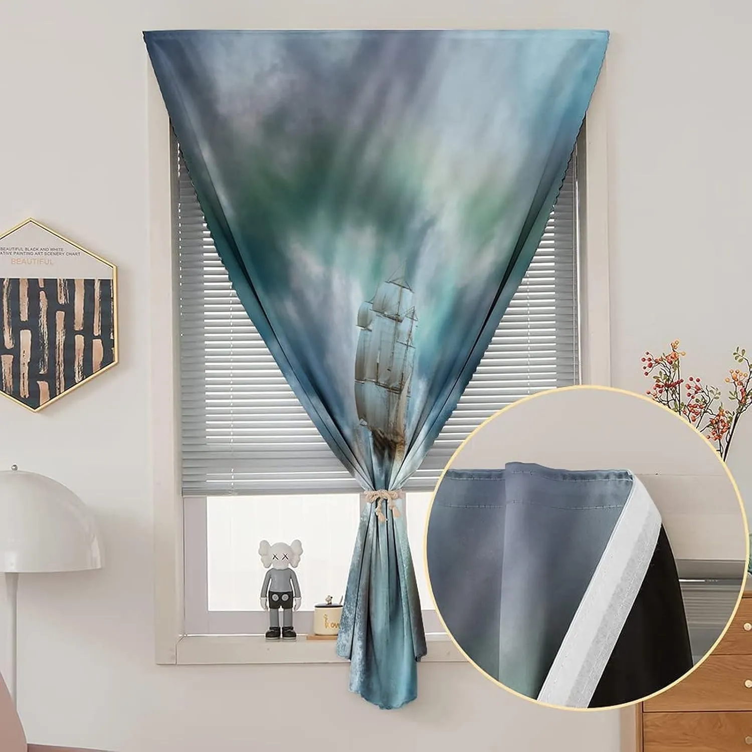 Travel Windows Blackout Curtain, Ocean Curtain Shades, Majestic Nautical Sealife and Pirate Boat Ship on Wavy Deep Sea Print Adjustable Temporary Blackout Shades,24W x40L Inches, for Kitchen Bathroom