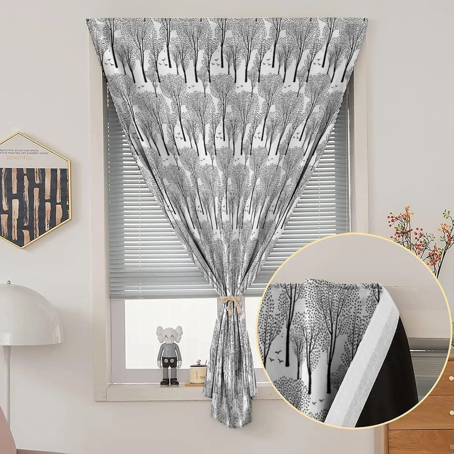 Travel Windows Blackout Curtain, Winter Curtain Shades, Monochrome Abstract Forest Pattern Trees Leaves Woodland Print Adjustable Temporary Blackout Shades,47W x63L Inches, for Bathroom Bedroom