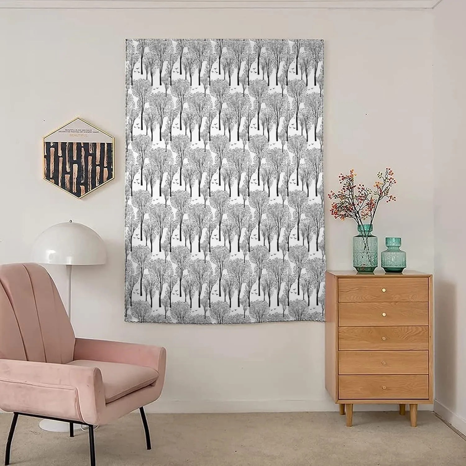 Travel Windows Blackout Curtain, Winter Curtain Shades, Monochrome Abstract Forest Pattern Trees Leaves Woodland Print Adjustable Temporary Blackout Shades,47W x63L Inches, for Bathroom Bedroom