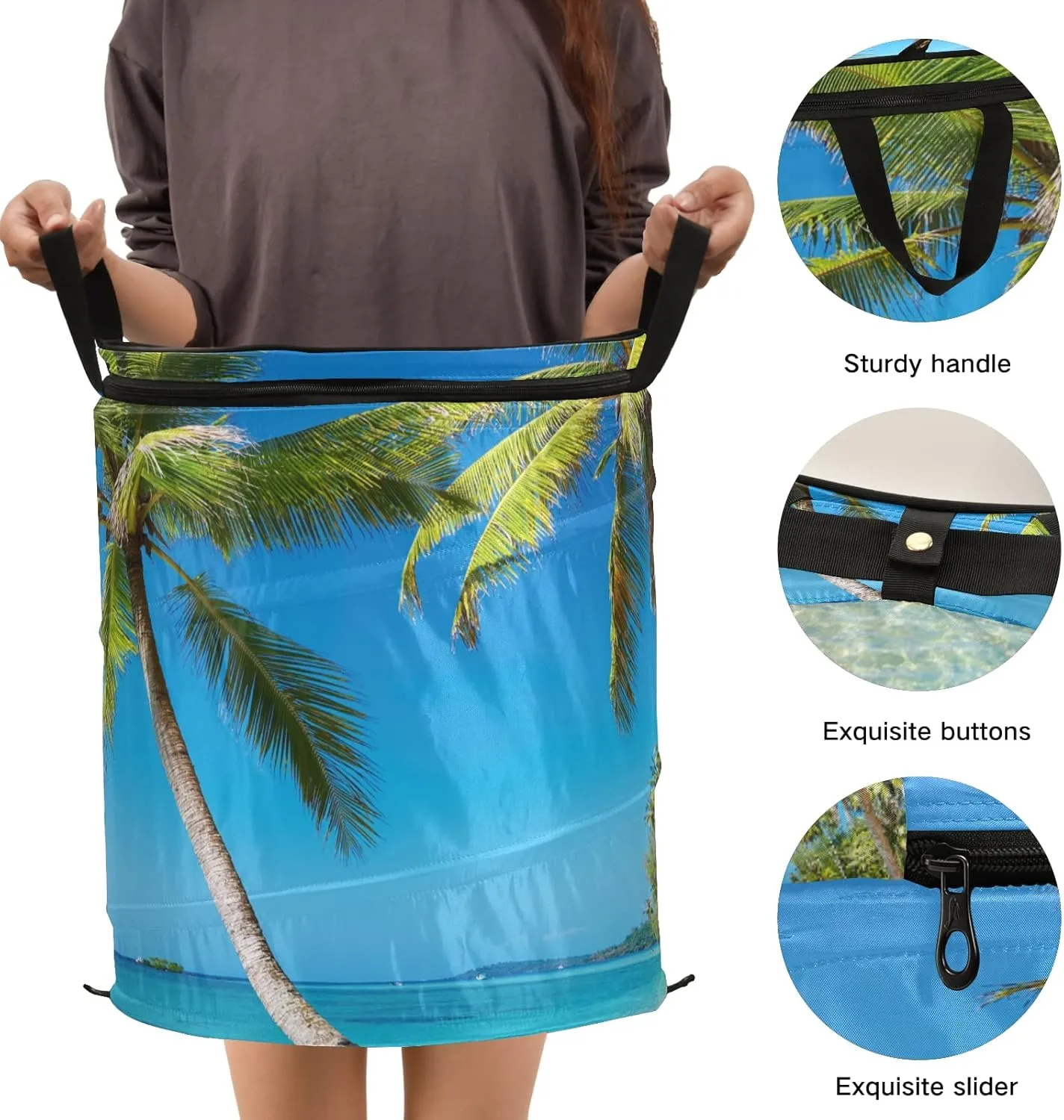 Tropical Beach Blue Sea Sky Palm Tree Green Leaves Pop Up Laundry Hamper, Collapsible Dirty Clothes Basket with Zipper Lid, Storage Bag Washing Bin for Room College Dorm Travel