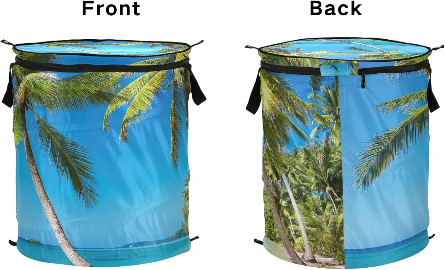Tropical Beach Blue Sea Sky Palm Tree Green Leaves Pop Up Laundry Hamper, Collapsible Dirty Clothes Basket with Zipper Lid, Storage Bag Washing Bin for Room College Dorm Travel