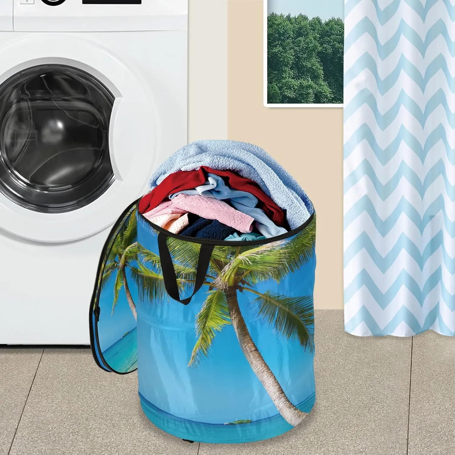 Tropical Beach Blue Sea Sky Palm Tree Green Leaves Pop Up Laundry Hamper, Collapsible Dirty Clothes Basket with Zipper Lid, Storage Bag Washing Bin for Room College Dorm Travel