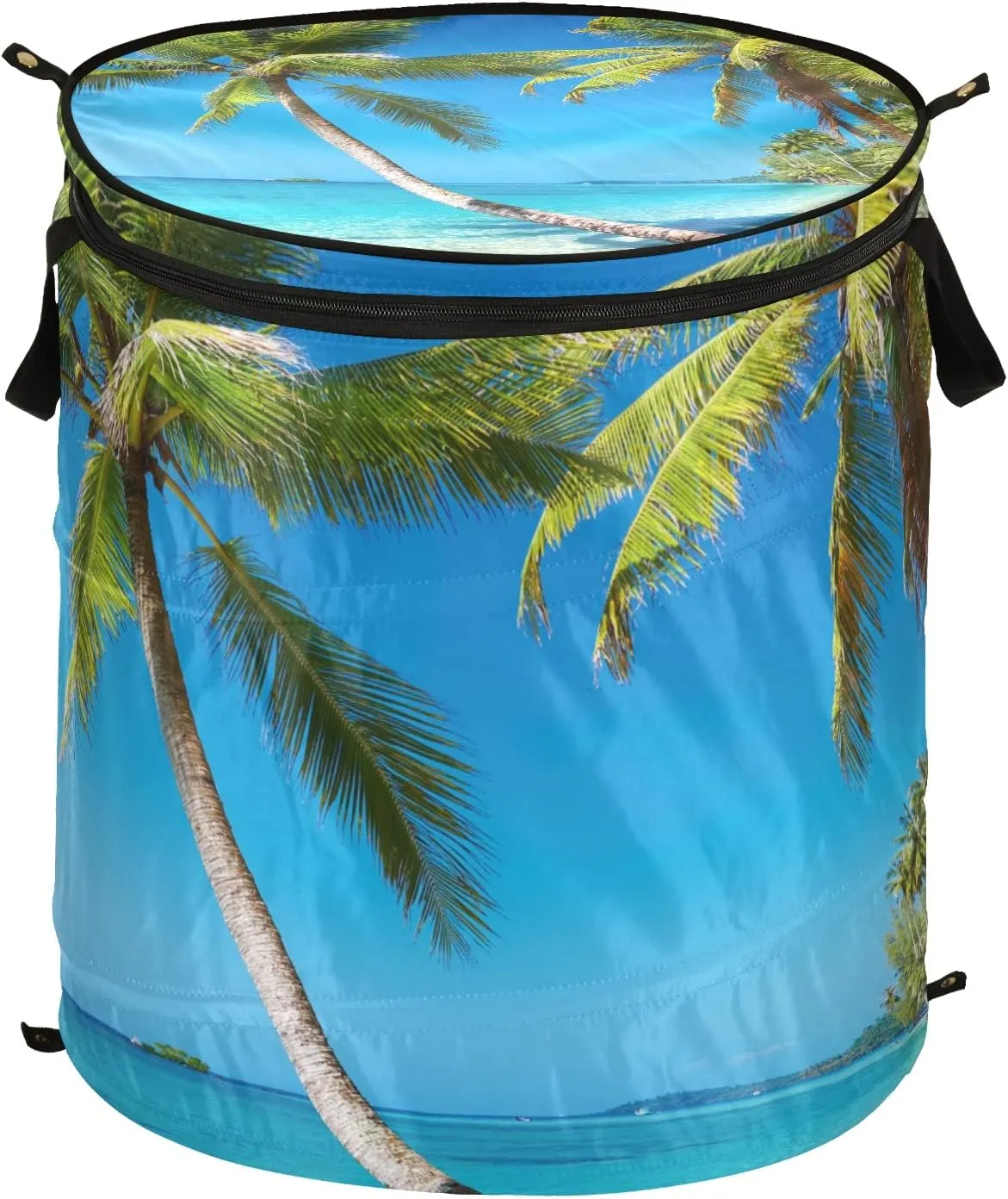 Tropical Beach Blue Sea Sky Palm Tree Green Leaves Pop Up Laundry Hamper, Collapsible Dirty Clothes Basket with Zipper Lid, Storage Bag Washing Bin for Room College Dorm Travel