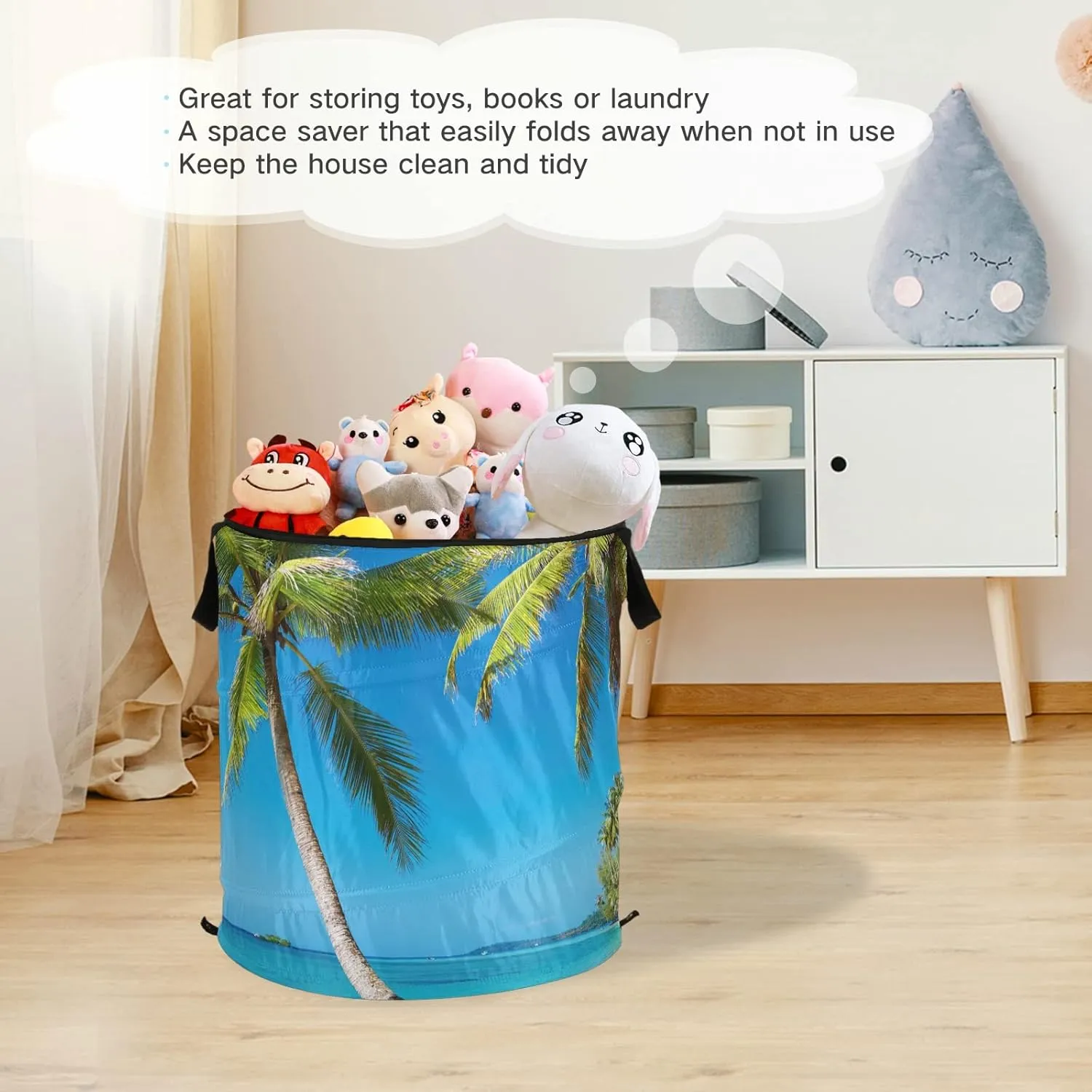 Tropical Beach Blue Sea Sky Palm Tree Green Leaves Pop Up Laundry Hamper, Collapsible Dirty Clothes Basket with Zipper Lid, Storage Bag Washing Bin for Room College Dorm Travel