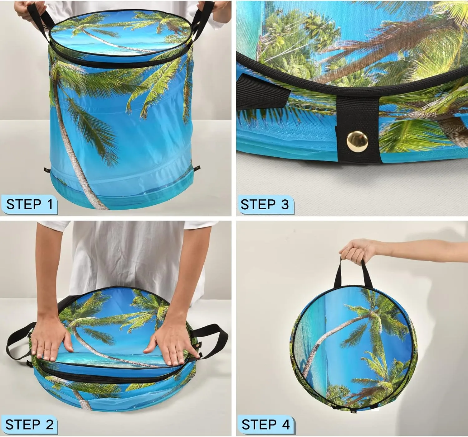 Tropical Beach Blue Sea Sky Palm Tree Green Leaves Pop Up Laundry Hamper, Collapsible Dirty Clothes Basket with Zipper Lid, Storage Bag Washing Bin for Room College Dorm Travel