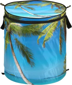 Tropical Beach Blue Sea Sky Palm Tree Green Leaves Pop Up Laundry Hamper, Collapsible Dirty Clothes Basket with Zipper Lid, Storage Bag Washing Bin for Room College Dorm Travel