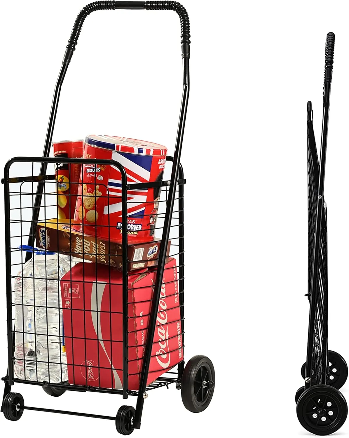 Utility Cart with Wheels to be Used as a Shopping Cart, Grocery Cart, Laundry Cart and Stair Climber Cart, Weighs 7.5 Pounds but Holds up to 90 Pounds, Compact and Foldable, Black